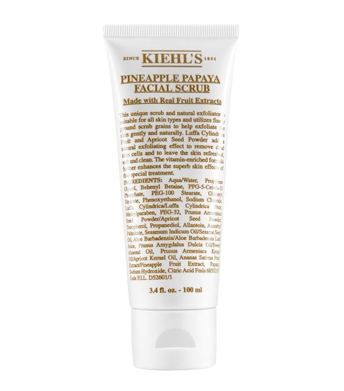 KIEHL'S, PINEAPPLE PAPAYA FACIAL SCRUB. Στη σύνθεσή του αξιοποιούνται κομματάκια αληθινού ανανά και παπάγια, καθώς και μικροσκοπικοί κόκκοι scrub, ώστε να απομακρύνουν τα νεκρά κύτταρα με τον πιο απαλό τρόπο και να αναζωογονήσουν το πρόσωπο.