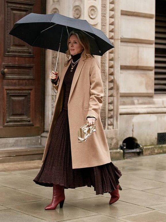 Μπεζ παλτό, πλισέ φούστα και knee-high boots
@thestylestalkercom