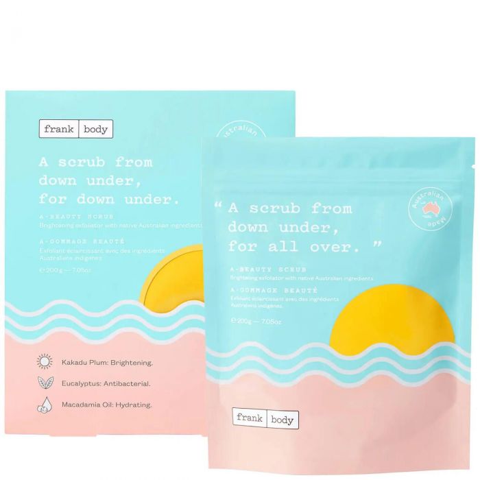 FRANK BODY, A-BEAUTY SCRUB. Απολαυστικό απολεπιστικό σώματος με άρωμα παραλίας και συστατικά από την Αυστραλία, για επιδερμίδα βελούδινα απαλή και λαμπερή.