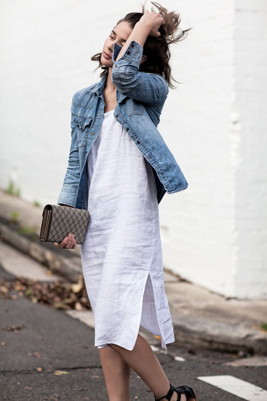 harper and harley white matin linen dress denim shirt gucci bag street style 1